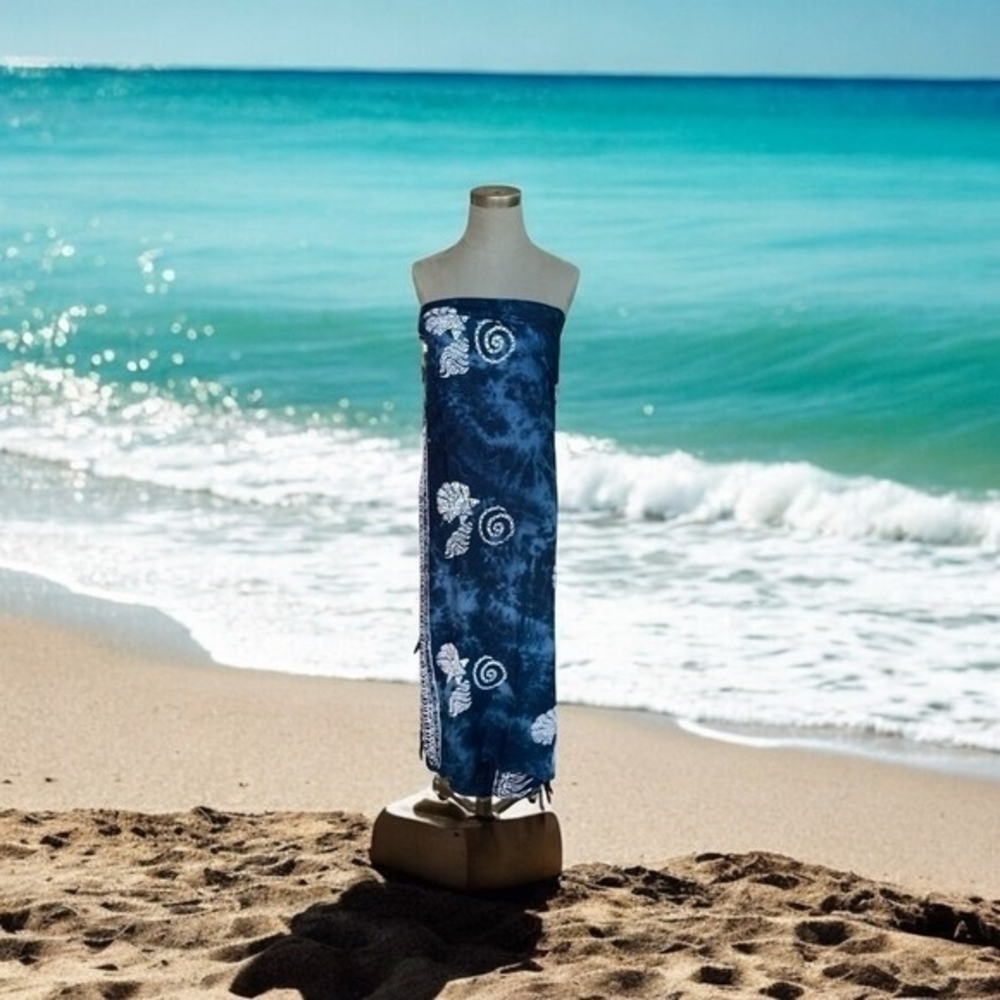 Hawaiian Blue Coastal Shells Sarong 64x46 Rayon Beach Cover Up Wrap Scarf EXC - Picture 3 of 7